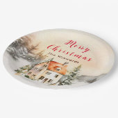 Winterurlaub Hütte Frohe Weihnachten Pappteller (Schrägansicht)