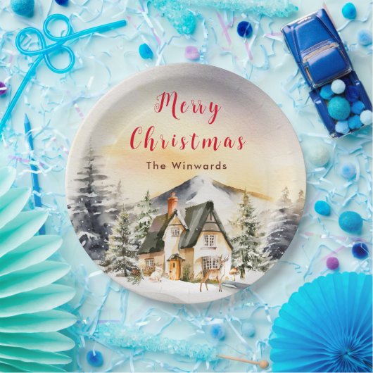 Winterurlaub Hütte Frohe Weihnachten Pappteller (Party)