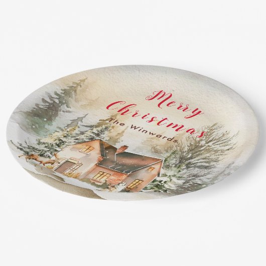 Winterurlaub Hütte Frohe Weihnachten Pappteller (Schrägansicht)