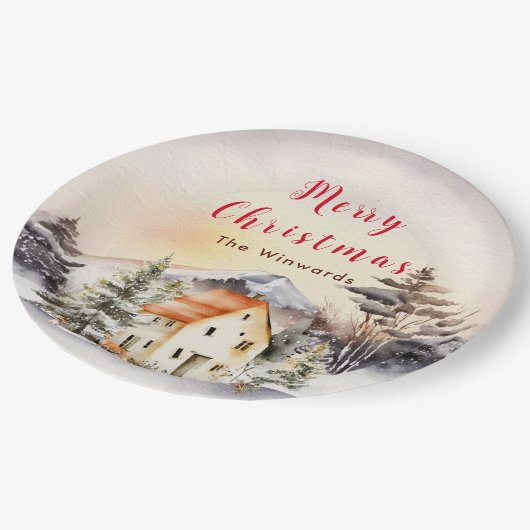 Winterurlaub Hütte Frohe Weihnachten Pappteller (Schrägansicht)
