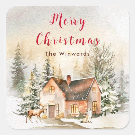 Winterurlaub Hütte Frohe Weihnachten Quadratischer Aufkleber (Vorderseite)
