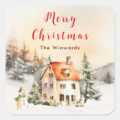 Winterurlaub Hütte Frohe Weihnachten Quadratischer Aufkleber (Vorderseite)