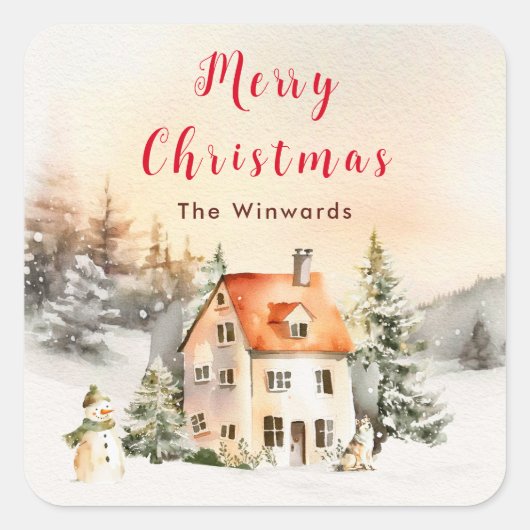 Winterurlaub Hütte Frohe Weihnachten Quadratischer Aufkleber (Vorderseite)