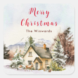 Winterurlaub Hütte Frohe Weihnachten Quadratischer Aufkleber
