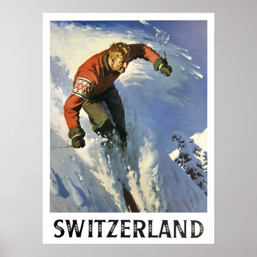 Winterurlaub in der Schweiz, Skifahrer, Vintag Poster (Vorne)