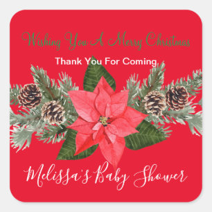 Winterurlaub Pinecones Poinsettia Vielen Dank Quadratischer Aufkleber