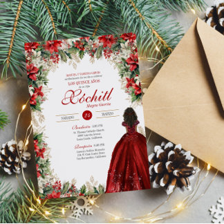 Winterurlaub Rote Blüte Elegantes Quinceanera Einladung