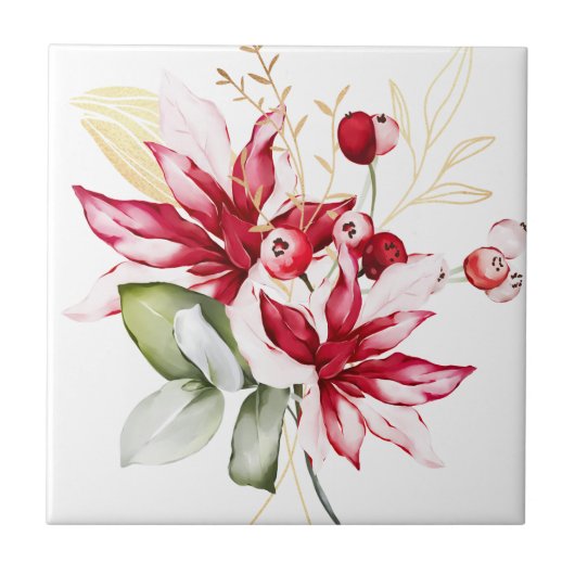 Winterurlaub Rote Poinsettia Aquarellfarben Blume Fliese (Vorderseite)