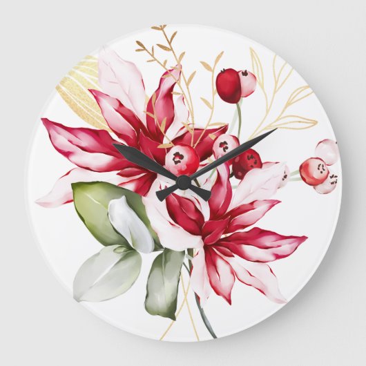 Winterurlaub Rote Poinsettia Aquarellfarben Blume Große Wanduhr (Vorderseite)