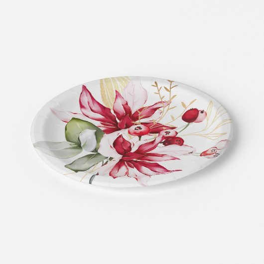 Winterurlaub Rote Poinsettia Aquarellfarben Blume Pappteller (Schrägansicht)