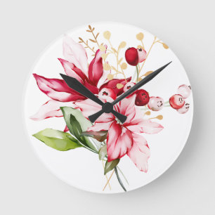 Winterurlaub Rote Poinsettia Aquarellfarben Blume Runde Wanduhr