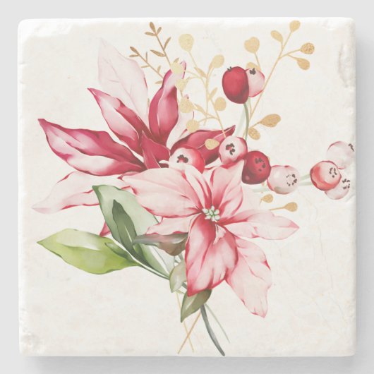 Winterurlaub Rote Poinsettia Aquarellfarben Blume Steinuntersetzer (Vorderseite)