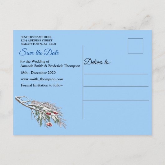 Winterurlaub Save the Date Ankündigungspostkarte (Rückseite)