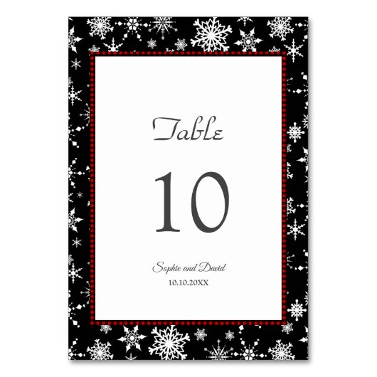 Winterurlaub Schneeflocken Rotes Buffalo Hochzeit Tischnummer (Vorderseite)