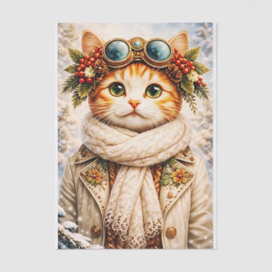 Winterurlaub Steampunk Tabby-Kat FF1 Decoupage Seidenpapier (Vorderseite)