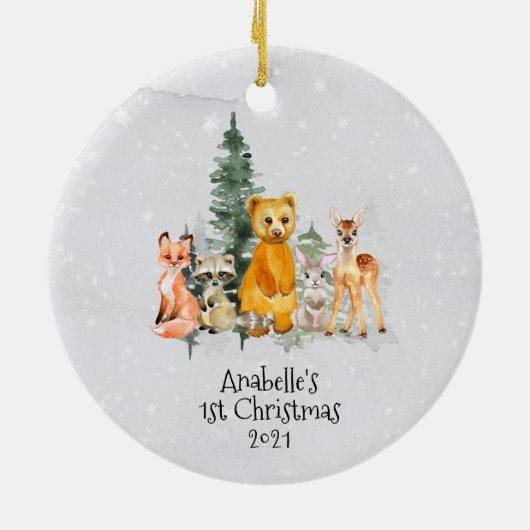 Winterurlaub Woodland Tier 1 Weihnachten Keramik Ornament (Hinten)
