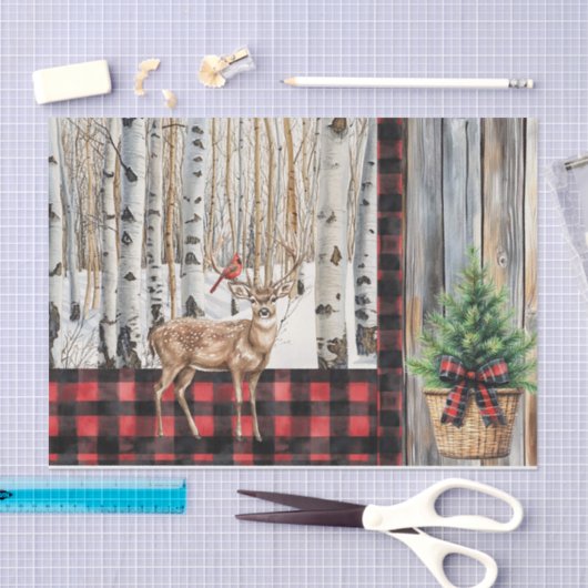 Winterurlaubslandschaft Kardinal und Hirsche Seidenpapier (Handwerk)