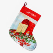 Wintervögel auf der Schneeroten Postkiste Personal Großer Weihnachtsstrumpf (Vorderansicht (hängend))