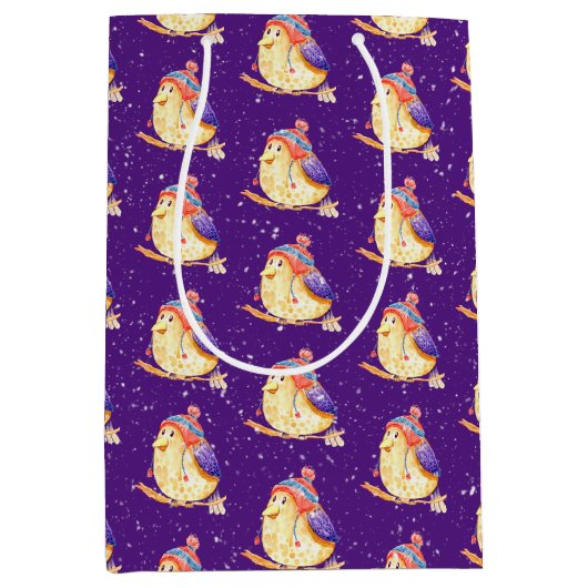 Wintervogel auf Lila Mittlere Geschenktüte (Vorderseite)