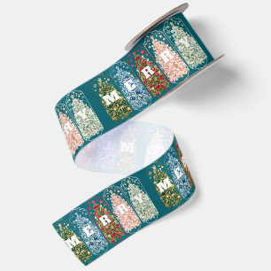 Wintervögel Dekorierte Bäume Geschenkpapier Satinband