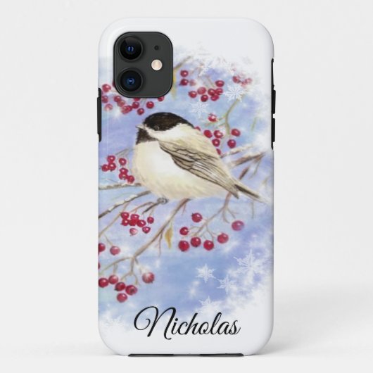Wintervogel durch Schneefenster. Weihnachtsszene Case-Mate iPhone Hülle (Rückseite)