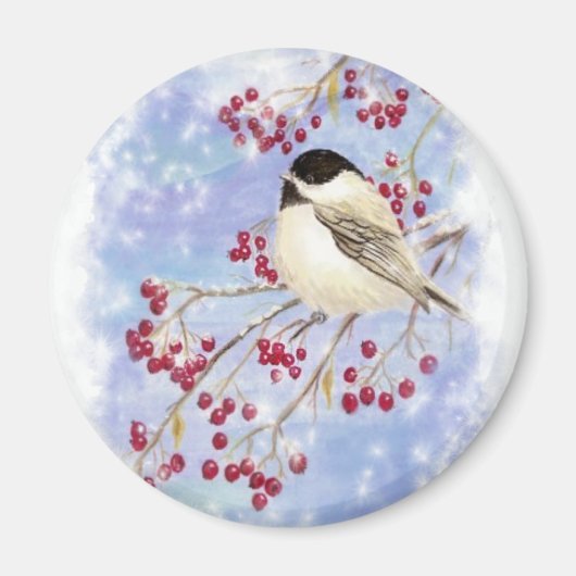 Wintervogel durch Schneefenster. Weihnachtsszene Magnet (Vorne)