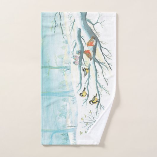 Wintervögel in einem verschneiten Wald Badhandtuch Set (Handtuch)