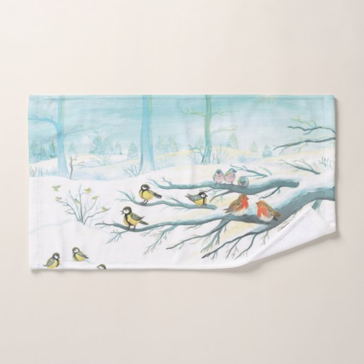 Wintervögel in einem verschneiten Wald Badhandtuch Set (Handtuch)