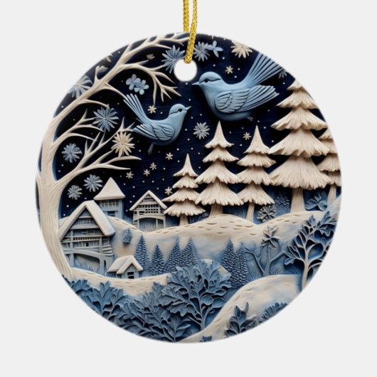 Wintervögel in Waldschmuck Keramik Ornament (Vorne)