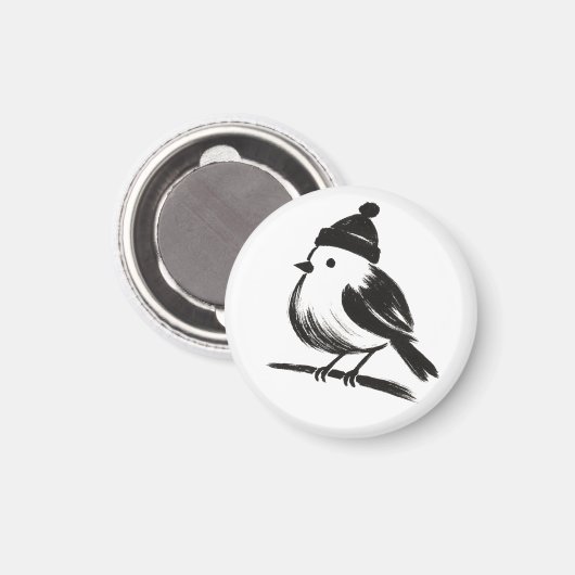 Wintervogel mit Mütze – Tuschepinsel-Minimalismus Magnet (Vorderseite/Rückseite)
