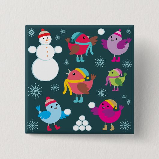 Wintervögel mit Schnee spielen mit Schneemann Button (Vorderseite)