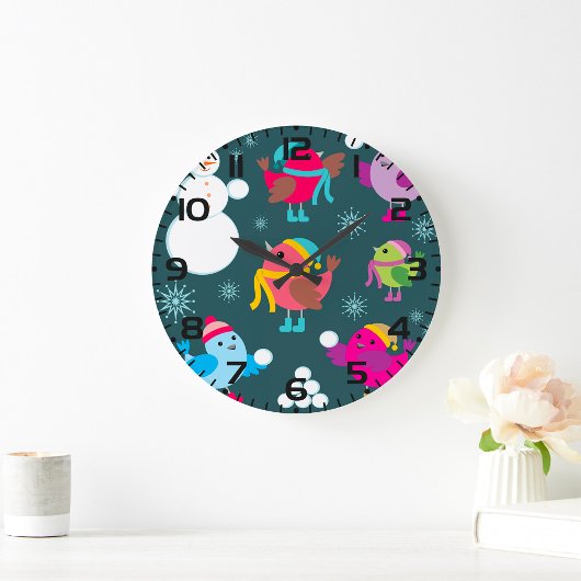 Wintervögel mit Schnee spielen mit Schneemann Große Wanduhr
