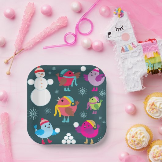 Wintervögel mit Schnee spielen mit Schneemann Pappteller (Party)