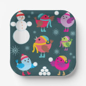 Wintervögel mit Schnee spielen mit Schneemann Pappteller (Vorderseite)