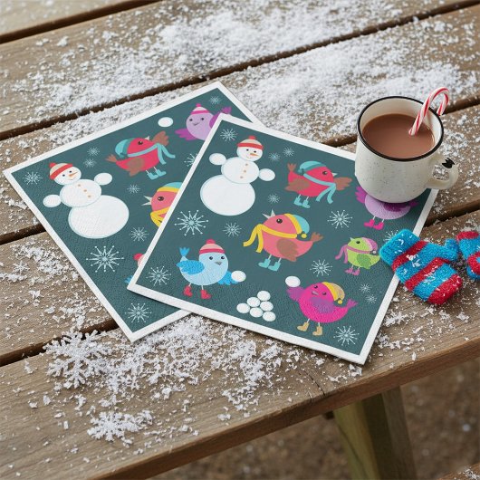 Wintervögel mit Schnee spielen mit Schneemann Serviette