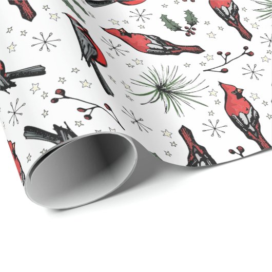 Wintervögel Roter Kardinal, Kiefer und Berries Geschenkpapier (Rolleneckpunkt)