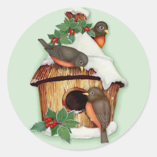 Wintervögel und Birdhouse Runder Aufkleber (Vorderseite)