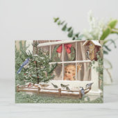 Wintervögel Weihnachtsbaum Vintage Urlaubssaison N Feiertagskarte (Stehend Vorderseite)
