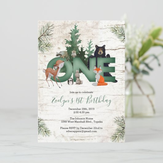 Winterwald 1. Geburtstag Party Einladung (Stehend Vorderseite)