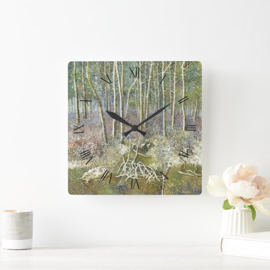 Winterwald Aquarellmalerei Quadratische Wanduhr (Zuhause)