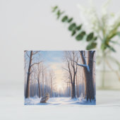 Winterwald, bedeckt mit Schnee und Eule Postkarte (Stehend Vorderseite)