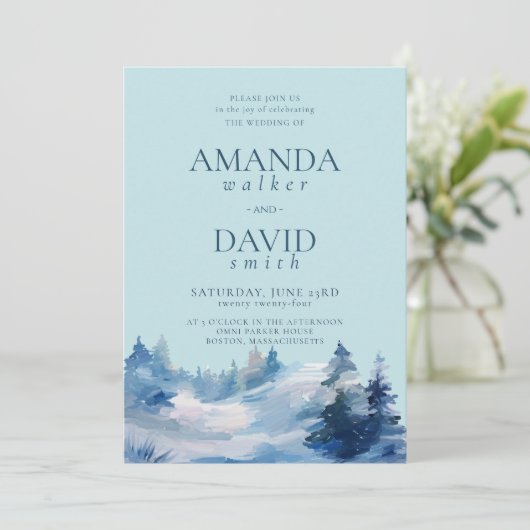 Winterwald Blaue Hochzeit Einladung (Stehend Vorderseite)