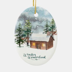 Winterwald, Blockhütte, Antlers Keramik Ornament