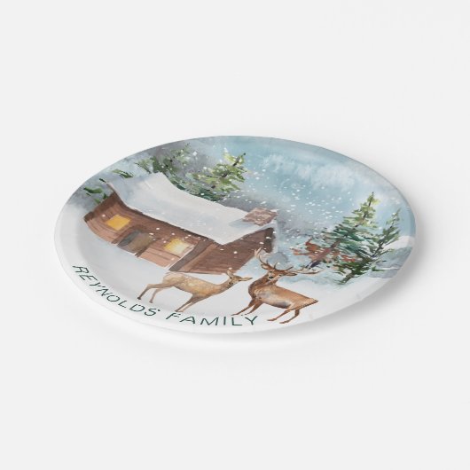 Winterwald, Blockhütte, Reh Pappteller (Schrägansicht)