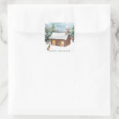 Winterwald, Blockhütte, Rotkehlchen, Hasen Quadratischer Aufkleber (Tasche)