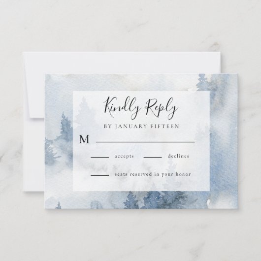 Winterwald Dusty Blue Watercolor Hochzeit RSVP Karte (Vorderseite)