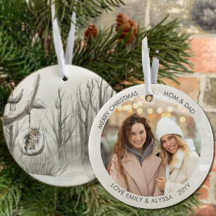 Winterwald-Eulen-Wasserfarben-Personalisiertes Fot Keramik Ornament