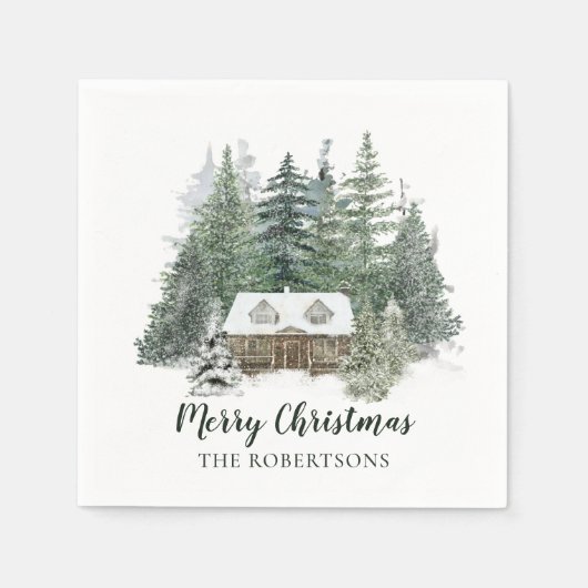 Winterwald Frohe Weihnachten Rustikale Hütte Serviette (Vorderseite)