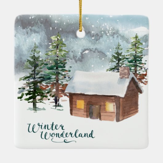 Winterwald, Fuchs, Blockhütte Keramik Ornament (Rückseite)