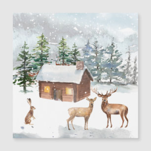 Winterwald, Hirsche, Blockhütte, Hasen Magnetkarte